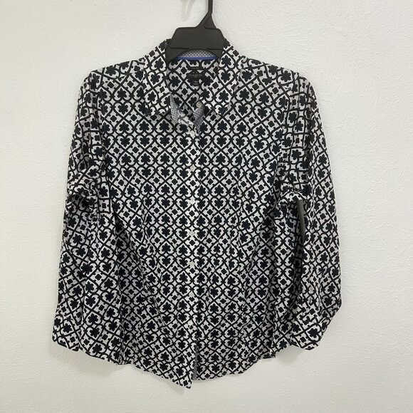 Talbots Button Up Perfect Shirt Black White Geometric Long Sleeve Flip Cuffs 16W - Picture 1 of 12